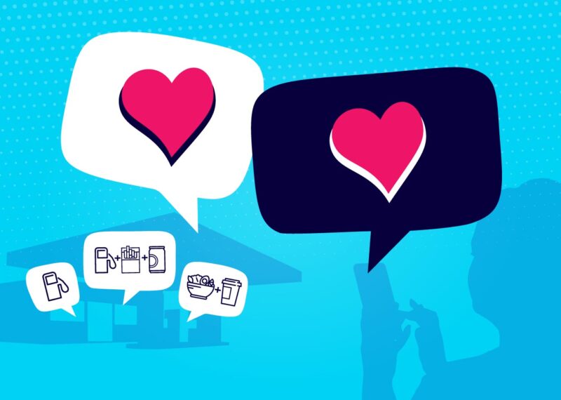 Illustration with convenience store and person on mobile phone in the background, hearts in speech bubbles in the foreground