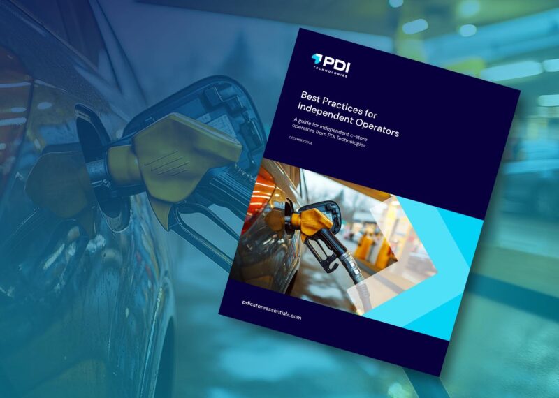 Cover image of a PDI Technologies guide titled 'Best Practices for Independent Operators,' featuring a fuel pump nozzle inserted into a car at a gas station, with branding and a website URL pdistoreessentials.com.