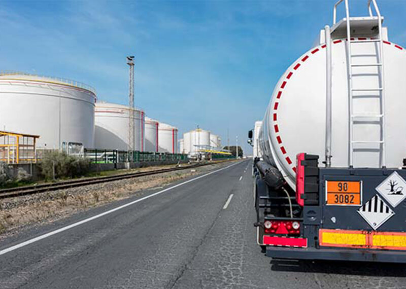 Fuel tanker truck in an industrial area