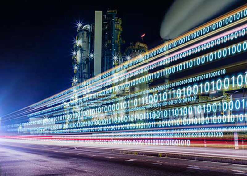 Digital transformation data stream night view at industrial area