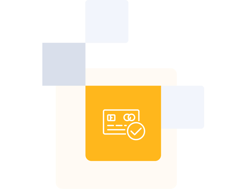 Credit card icon with check mark on yellow background 