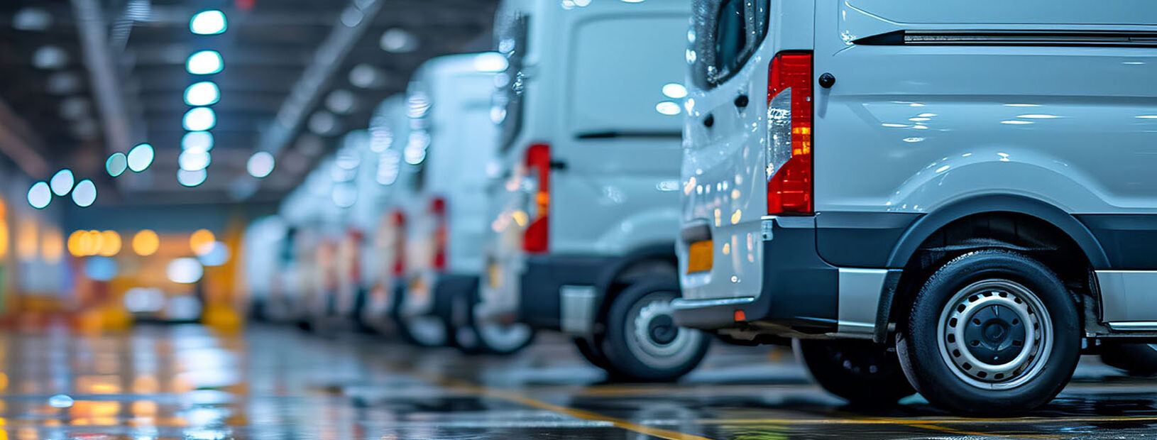 Fleet of commercial vans in a well-lit garage, highlighting Corpay’s carbon emissions offset initiative in the PDI Technologies case study.