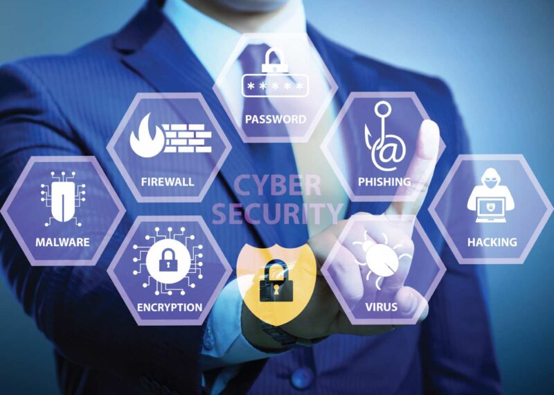 Man trying to touch cyber security graphic overlay visual