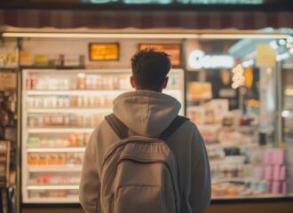 Teenager looking at convenience store window at night