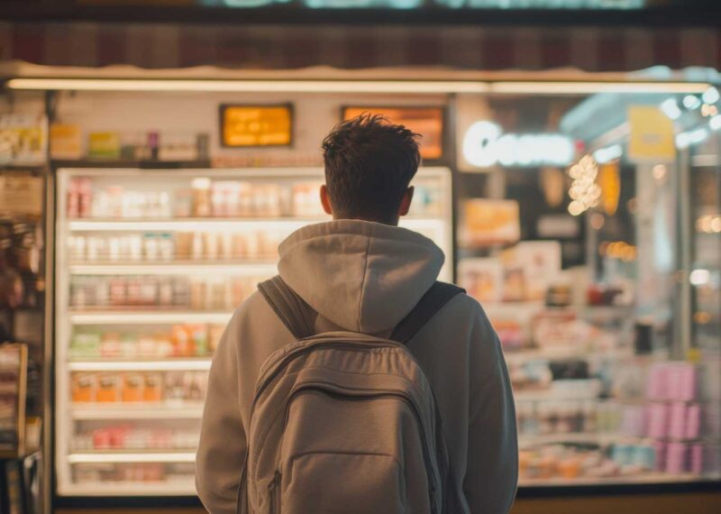 Teenager looking at convenience store window at night