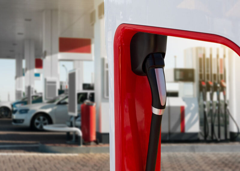 EV charging station for electric vehicles at convenience store, gas station