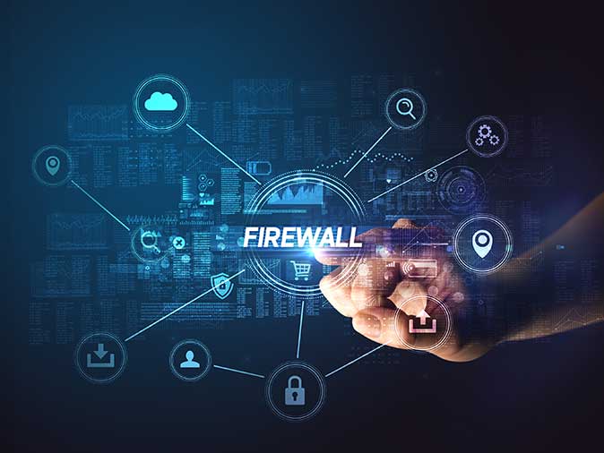 Hand touching FIREWALL inscription, Cybersecurity concept