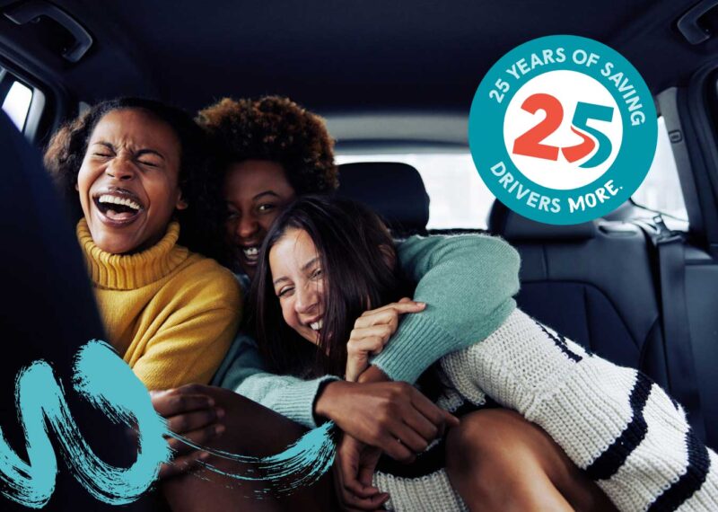 Group of women laughing together in a car, celebrating GasBuddy's 25th anniversary with GasBuddy Rewards and new savings opportunities