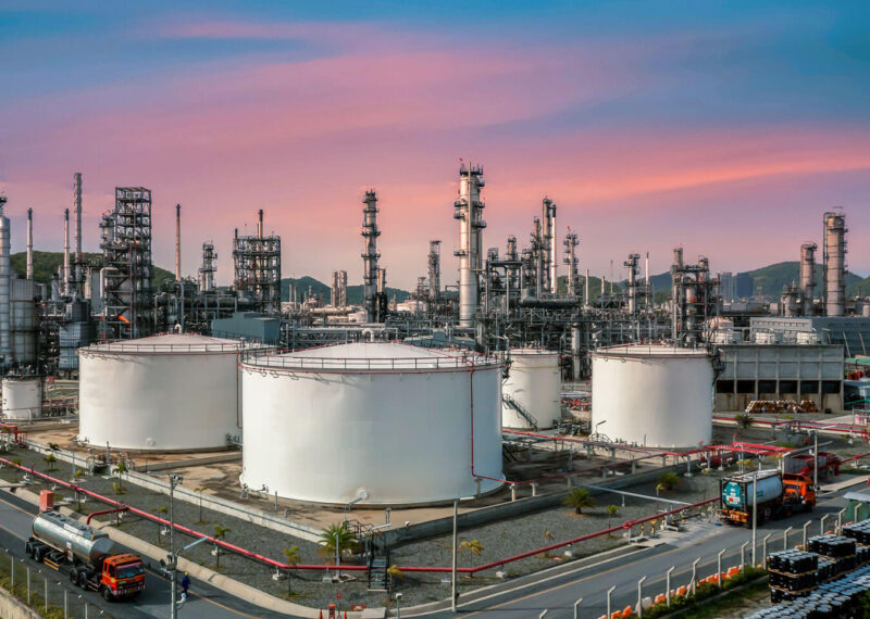 Front view of a fuel refinery industrial plant