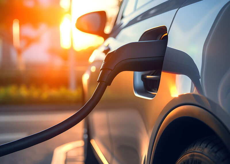 EV car charging with sun setting in the background