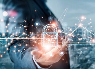 A hand holding a digital image of a lock