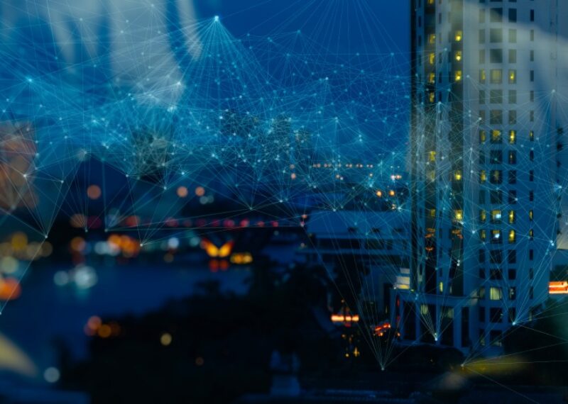 Buildings and city view with network icons superimposed