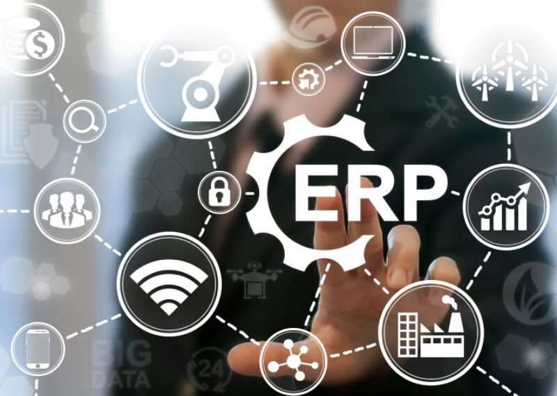 ERP icons superimposed over screen with person touching ERP