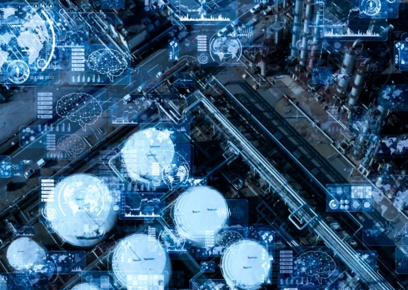 Aerial view of fuel tanks in logistics field