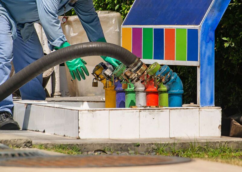 fuel delivery driver connecting hoses at gas station