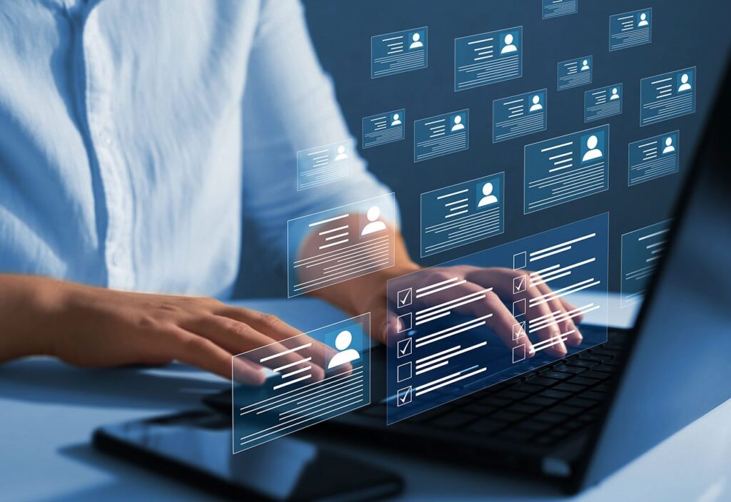 Hands typing on keyboard with superimposed customer personas on glass screen.