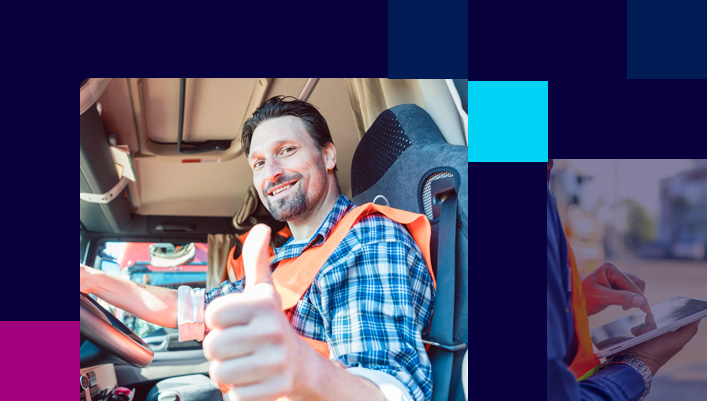 Driver sitting in truck giving a thumbs up and inset photo of driver using mobile tablet to update log book