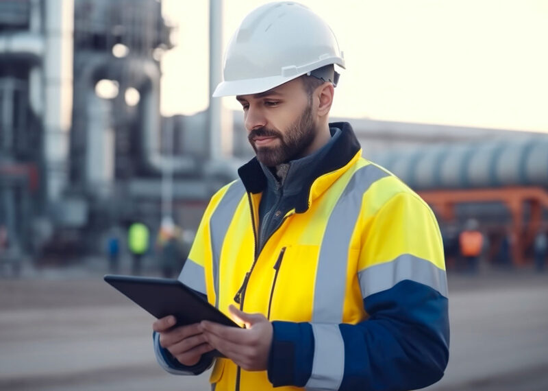 Male worker monitoring tank levels on a tablet