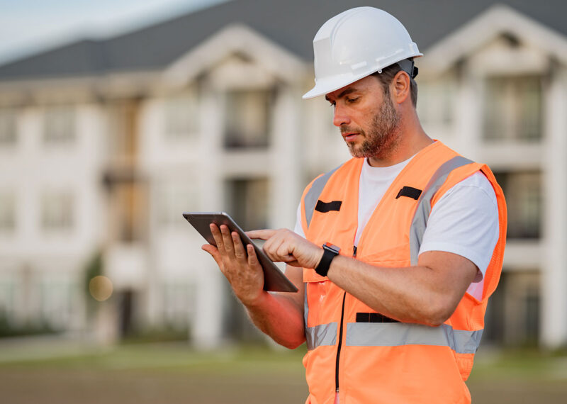 Engineer with tablet, building inspection. Portrait of builder man. Construction worker with hardhat helmet on construction site. Construction engineer worker in builder uniform. Worker construction.