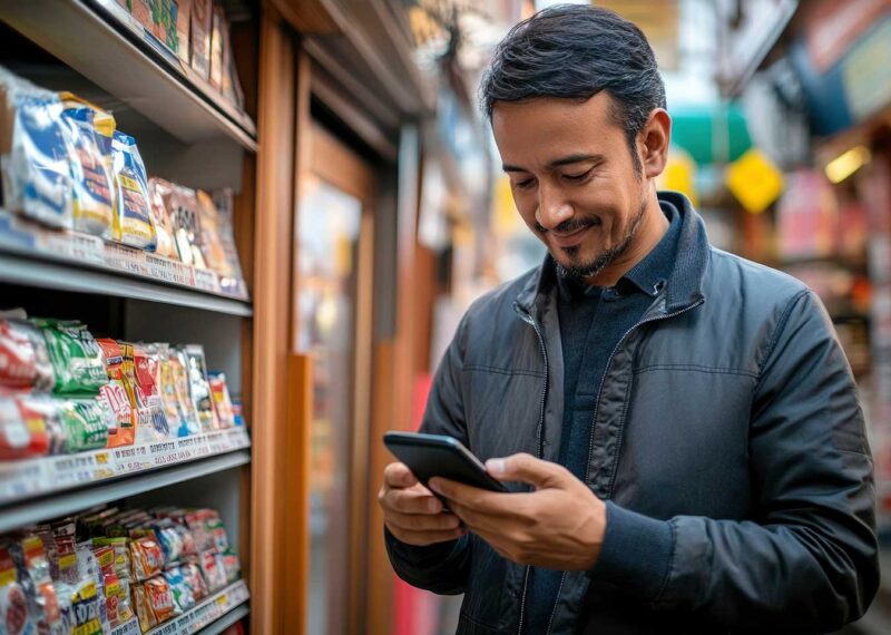 Man using his mobile phone outside a convenience store, representing PDI Technologies' expanded digital capabilities following its acquisition of P97 Networks to strengthen the convenience retail and fuel ecosystem.