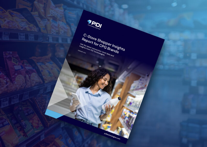 Cover of the 'C-Store Shopper Insights Report for CPG Brands' by PDI Technologies, featuring a woman shopping in a convenience store.