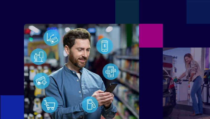 PDI Loyalty solution showcasing a customer using a mobile app inside a convenience store, surrounded by loyalty and rewards icons, driving more frequent visits, increasing basket spend, and connecting customers from pump to product to personalized promotion.