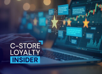 Hands typing on a laptop with data dashboards and star ratings, representing KPIs and loyalty metrics in convenience retail