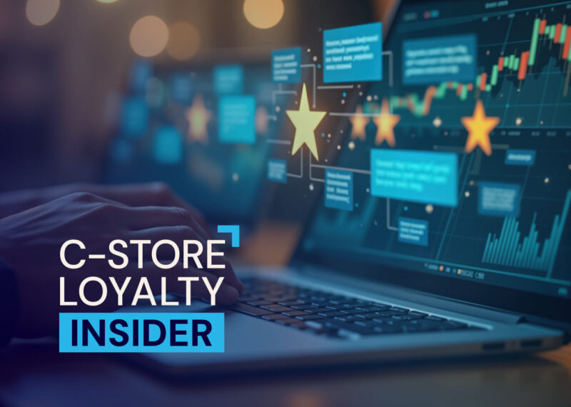 Hands typing on a laptop with data dashboards and star ratings, representing KPIs and loyalty metrics in convenience retail