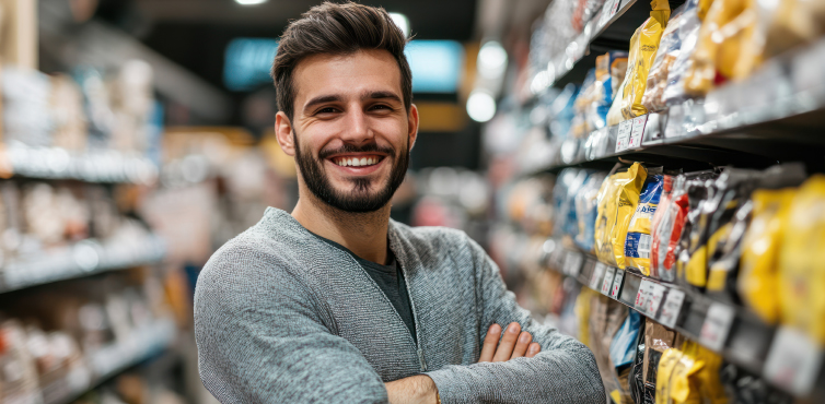 Smiling convenience store owner standing in an aisle, representing PDI Loyalty solutions built for C-stores to manage pricebook and loyalty promotions, streamline operations, and drive shopper engagement.