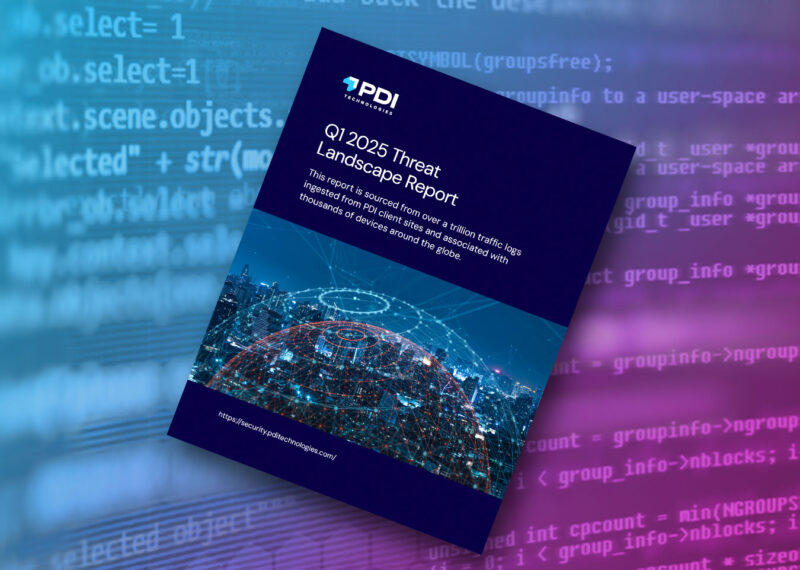 Feature image of PDI Technologies’ Q1 2025 Threat Landscape Report, highlighting cybersecurity trends with a global digital network graphic, set against a background of programming code to represent rising ransomware threats and shifting dark web activity across retail, transportation, and public sectors.