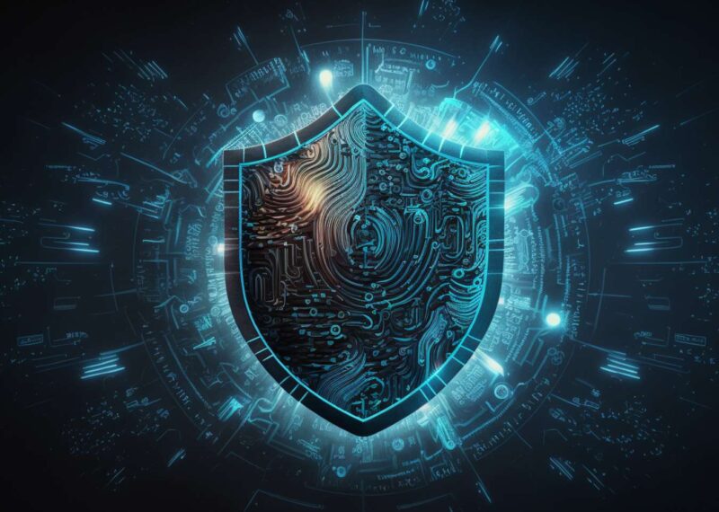 Dark blue shield with bright blue digital symbols surrounding it representing protection against cyber threats