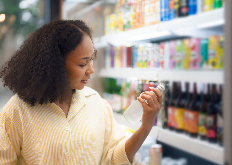 Woman looking at bottled beverage