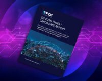 Cover of PDI Q2 2025 Threat Landscape Report featuring a networked globe over a cityscape with a blurred code background.