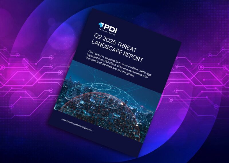 Cover of PDI Q2 2025 Threat Landscape Report featuring a networked globe over a cityscape with a blurred code background.