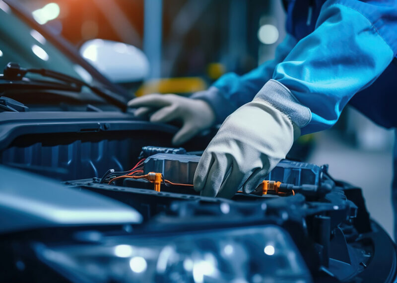 Gloves of expert technician electric car, EV car while opened, Lithium-ion car battery