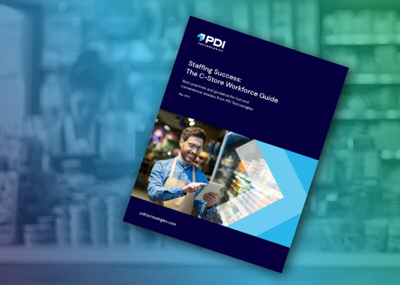 Cover image of the 'Staffing for Success' guide for convenience store workforce strategies, featuring a smiling c-store employee in uniform behind the counter