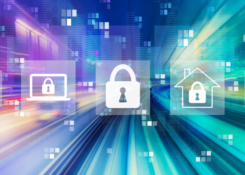 Three security icons over information highway