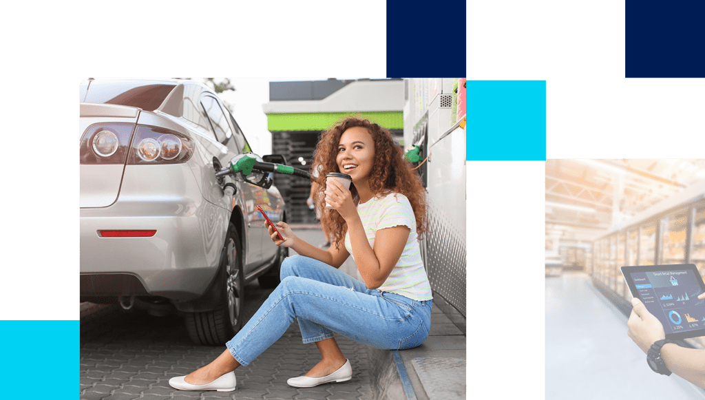 Woman sitting in front of fuel pump and man in market using retail management software on tablet.