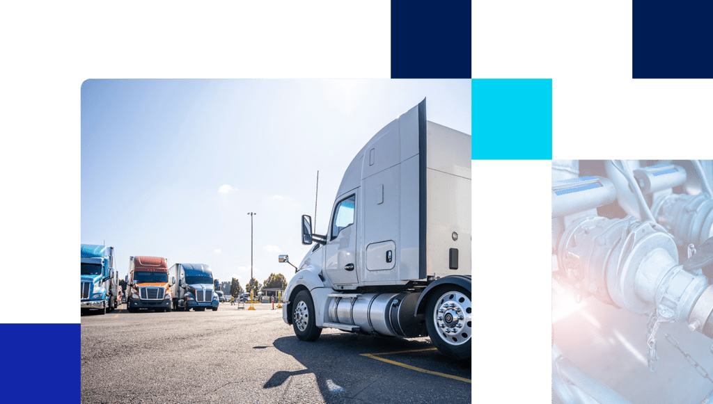 Big rig trucks parked at truck stop and man checking fuel truck pipeline.