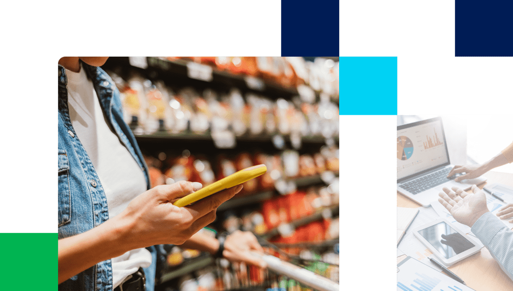 Woman looking at phone in grocery store
