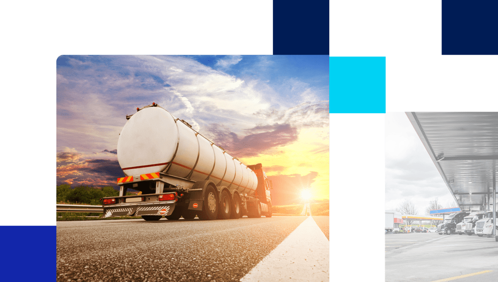 Hero banner with fuel tanker truck driving down highway & rows of semi-trucks parked at fuel pumps.