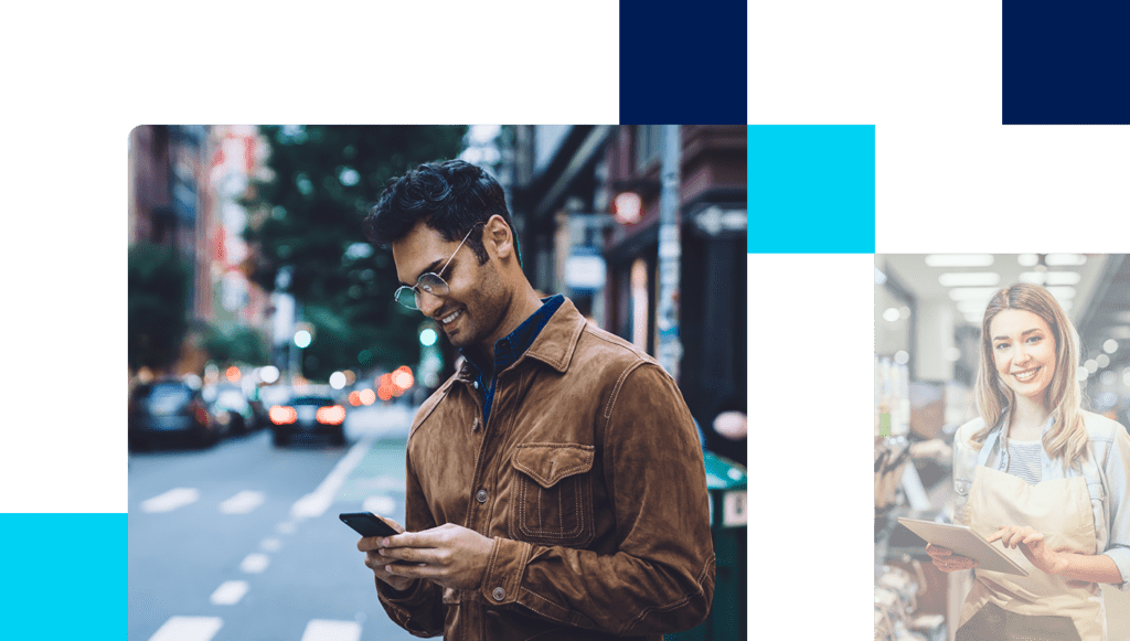 Images of young adult male engaged on cell phone on street and CPG employee using tablet in store.