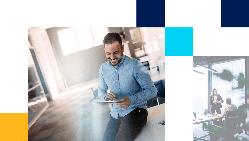 Designed hero banner containing two images including collaborative workplace and man using tablet.