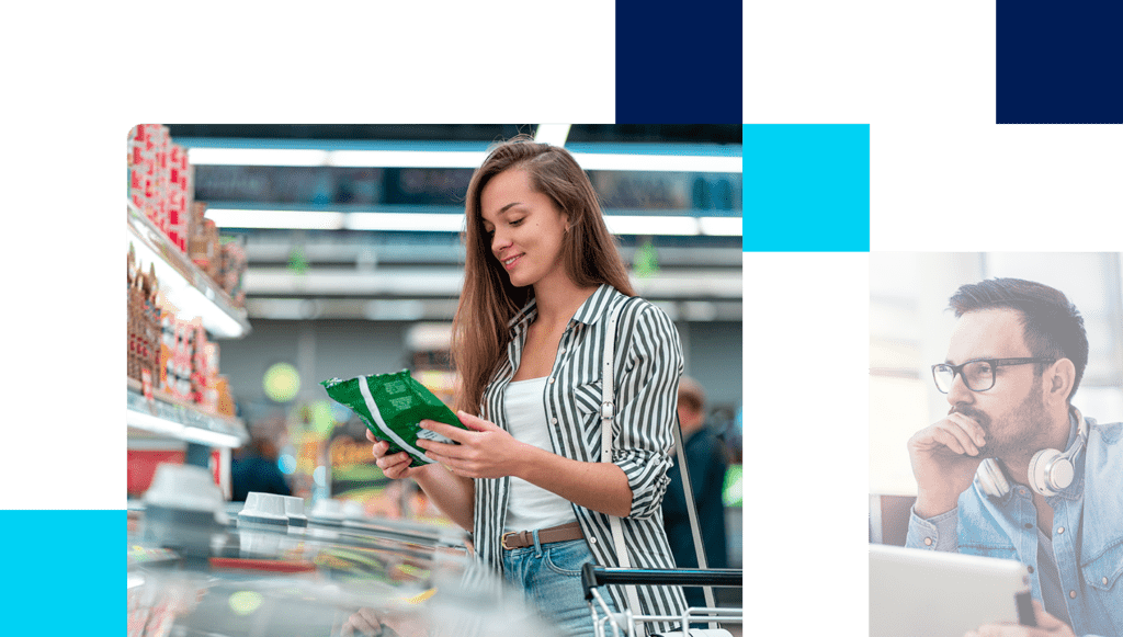 Images of woman reading product ingredients at CPG store and man holding tablet and using computer.