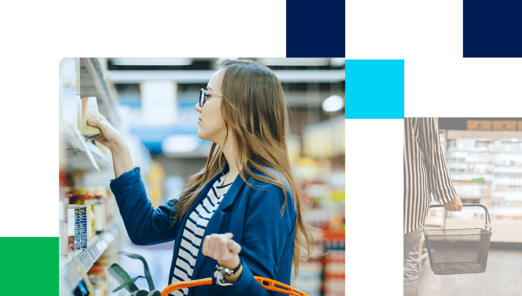 Woman looking at item on shelf of retail store while shopping for consumer packaged goods.