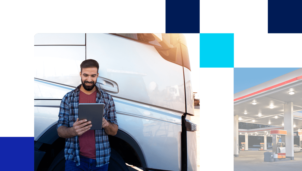 Images of truck driver using tablet and non-branded convenience retail location with fuel pumps.