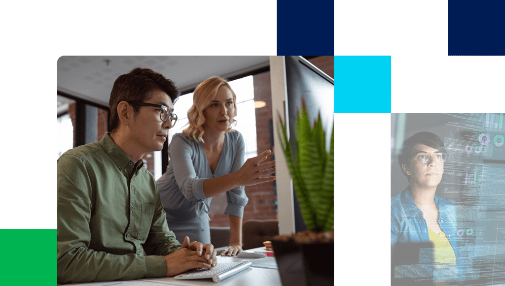 Images of coworkers collaborating in front of computer and programmer reviewing cloud data.