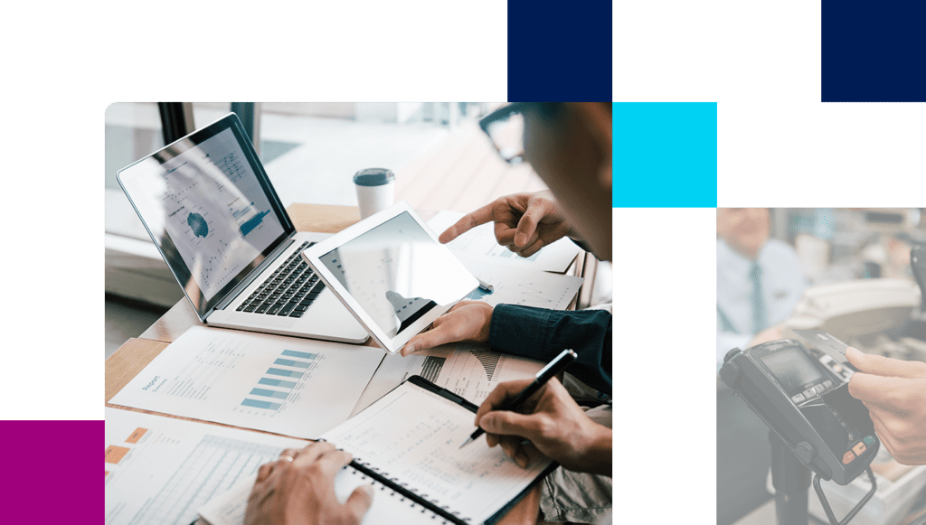 Coworkers reviewing business data and customer at CPG store using tap-to-pay on merchant terminals.