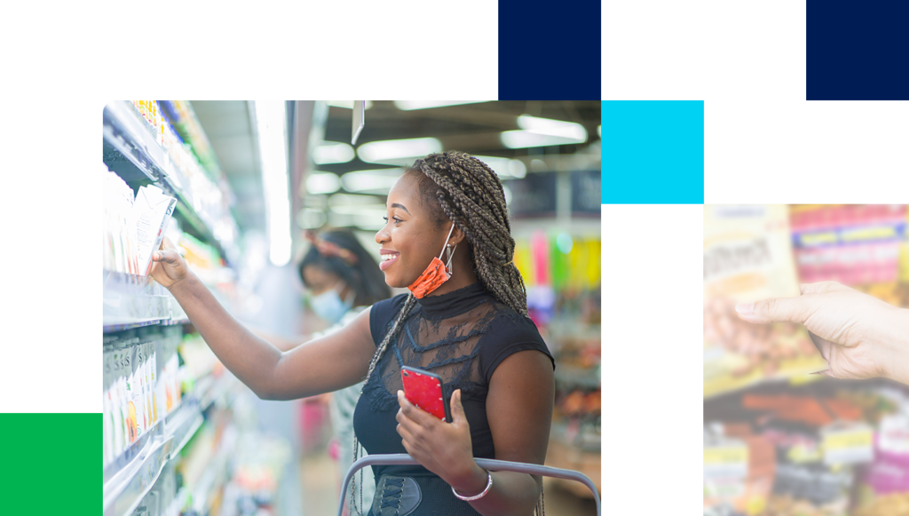 Images of woman at CPG store shopping and close up of hand removing product from display.