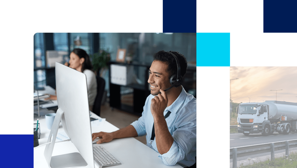 Shot of a young man using a headset and computer in a modern office.